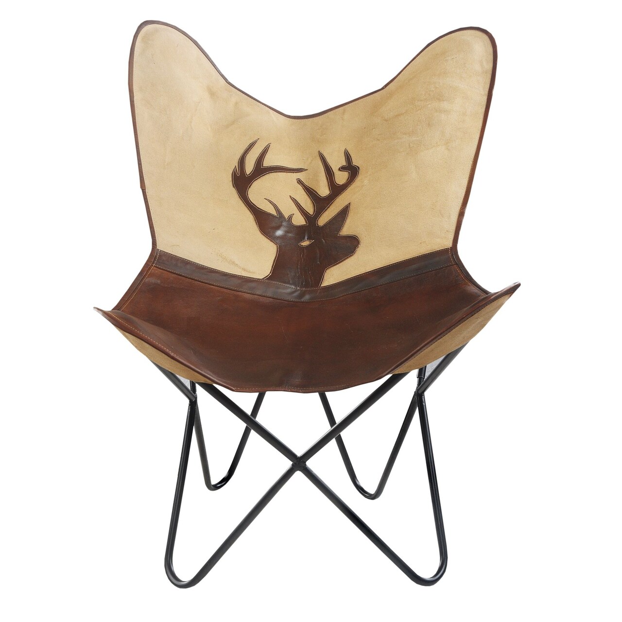 Laddha Home Designs 37" Brown and Off-White Deer Faux Leather Sling-Style Butterfly Chair